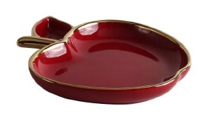 Picture of Porcelain Honey Dish Apple Shape Gold Trim Red 8"